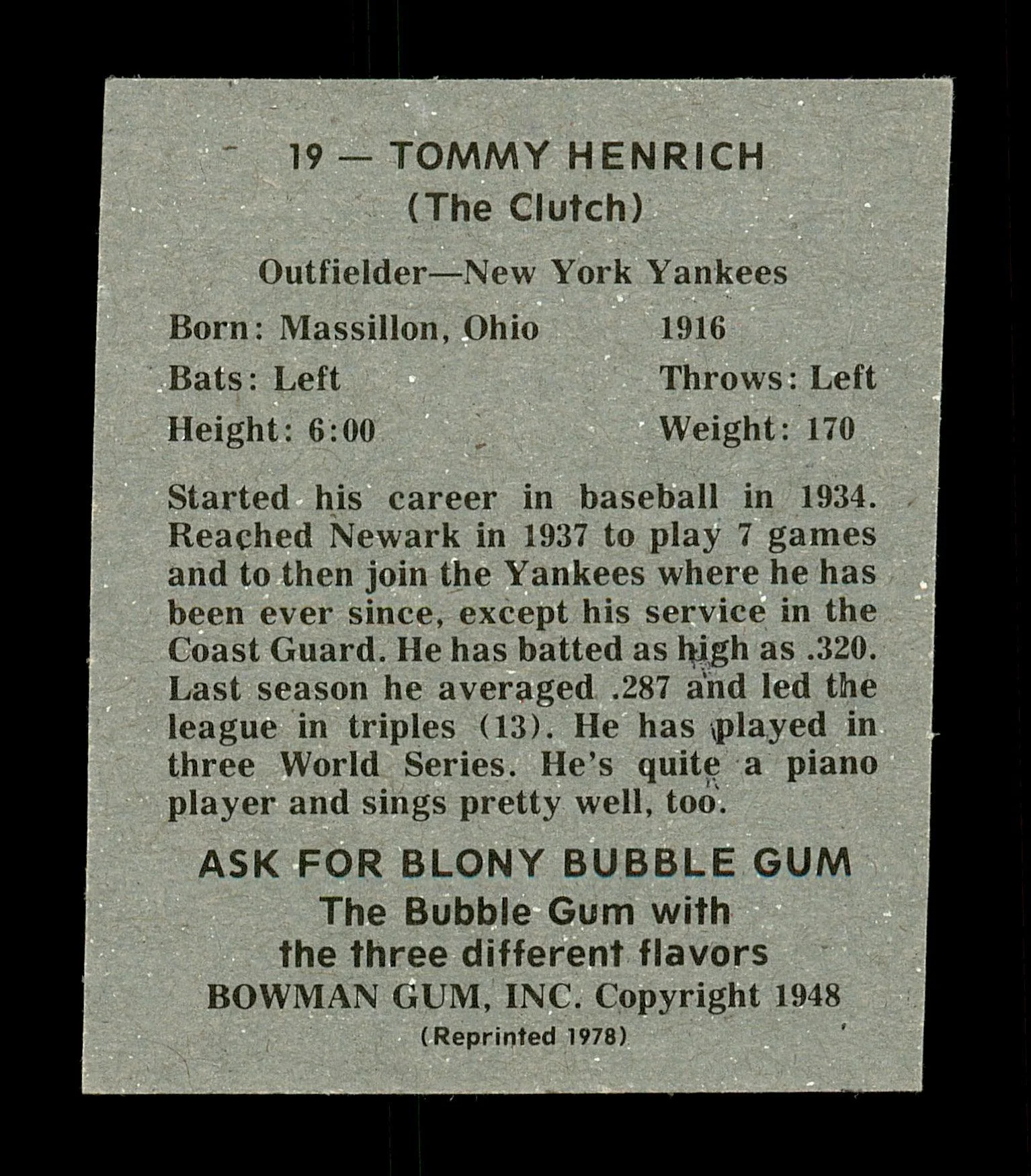 Tommy Henrich Autographed 1978 Bowman 1948 Bowman Reprint Rookie Card #19 New York Yankees "Best Wishes" SKU #171589 - Image 2