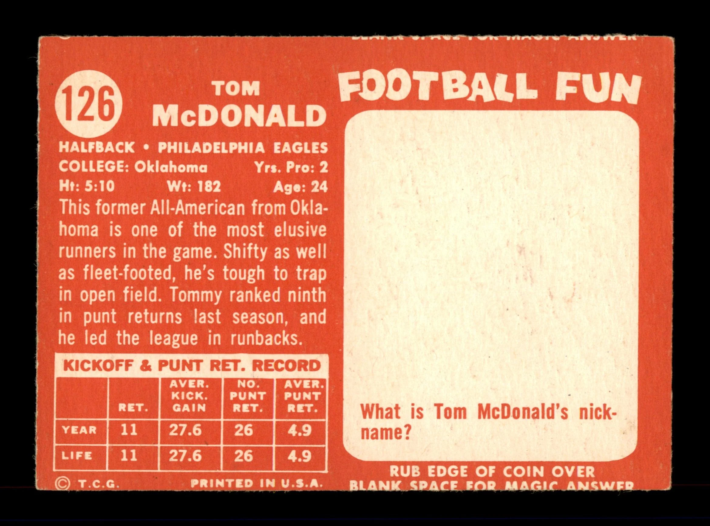 Tommy Tom McDonald Autographed 1958 Topps Card #126 Philadelphia Eagles SKU #198149 - Image 2