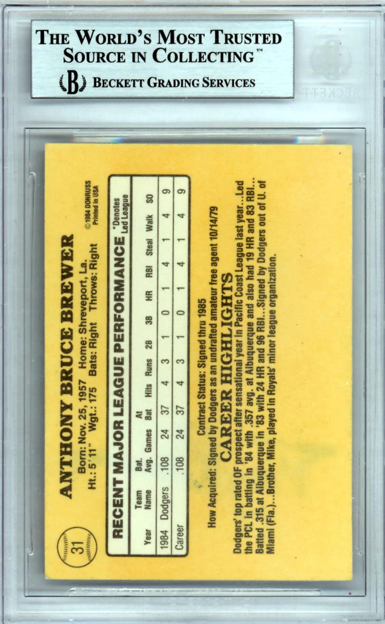 Tony Brewer Autographed 1985 Donruss Rookie Card #31 Los Angeles Dodgers Beckett BAS #10009333 - Image 2