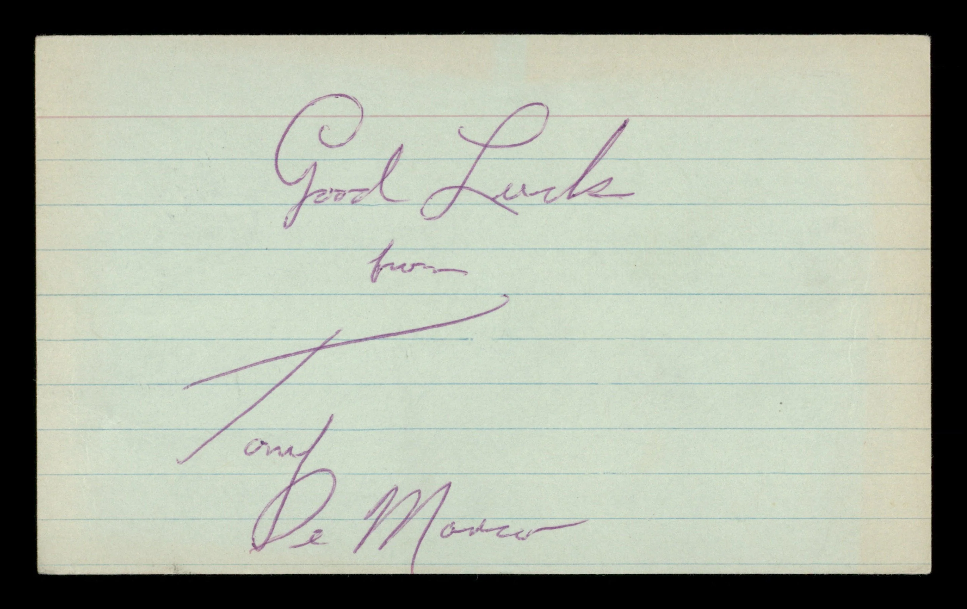 Tony DeMarco Autographed 3x5 Index Card "Good Luck" SKU #186916