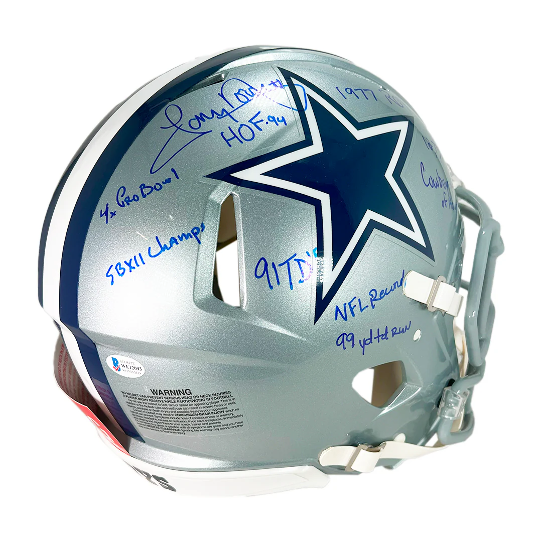 Tony Dorsett Signed Stats Inscription Dallas Cowboys Authentic Speed Full-Size Football Helmet (Beckett) - Image 4