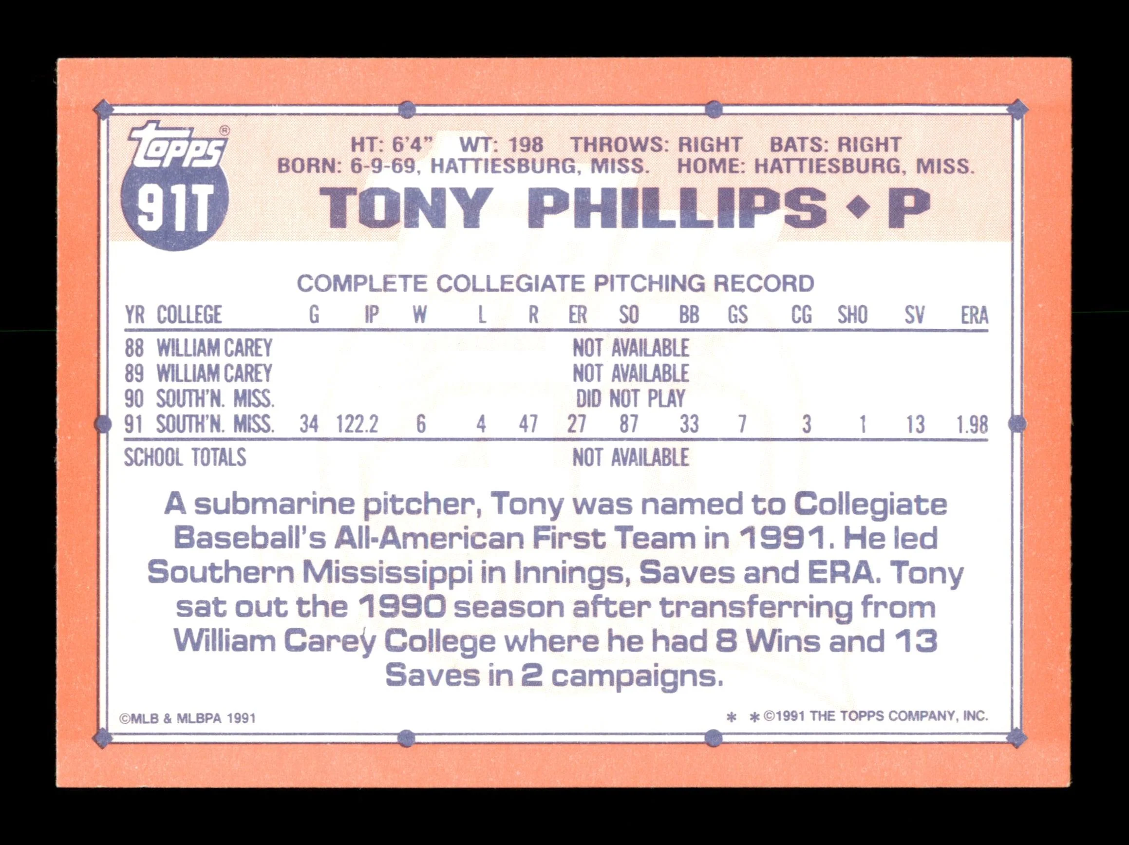 Tony Phillips Autographed 1991 Topps Traded Rookie Card #91T Team USA SKU #195744 - Image 2