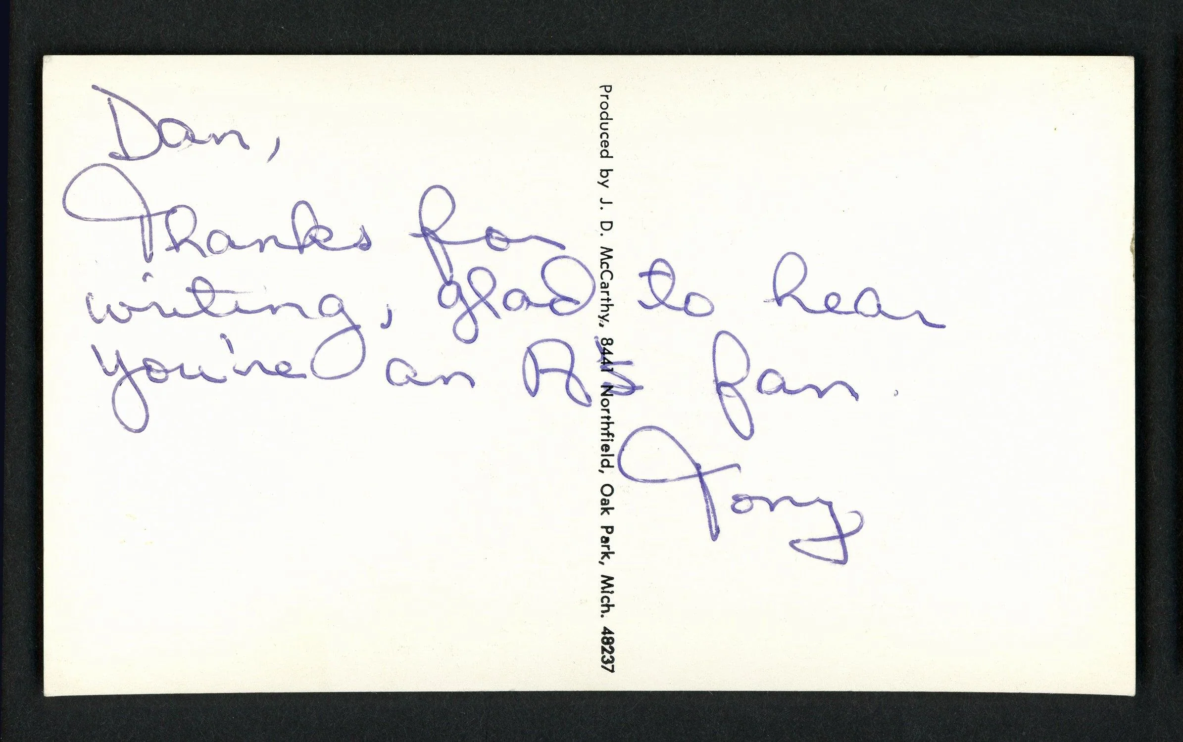 Tony Pierce Autographed 3x5.5 J.D. JD McCarthy Postcard Oakland A's "To Dan" Signed Twice SKU #156622 - Image 2