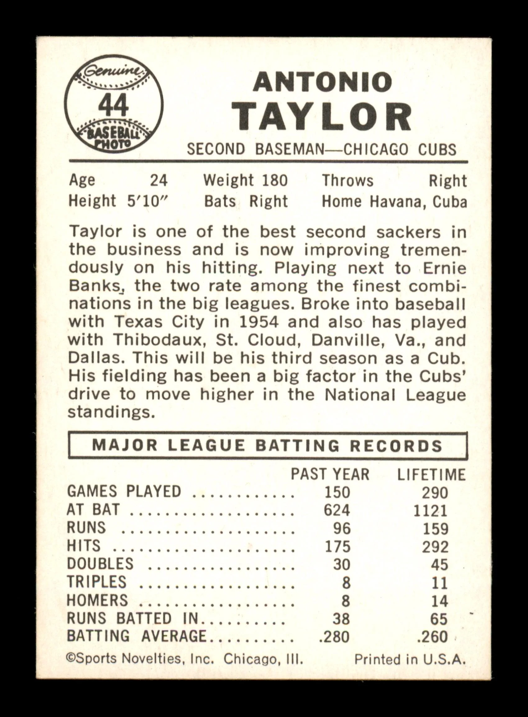 Tony Taylor Autographed 1960 Leaf Card #44 Chicago Cubs SKU #198792 - Image 2