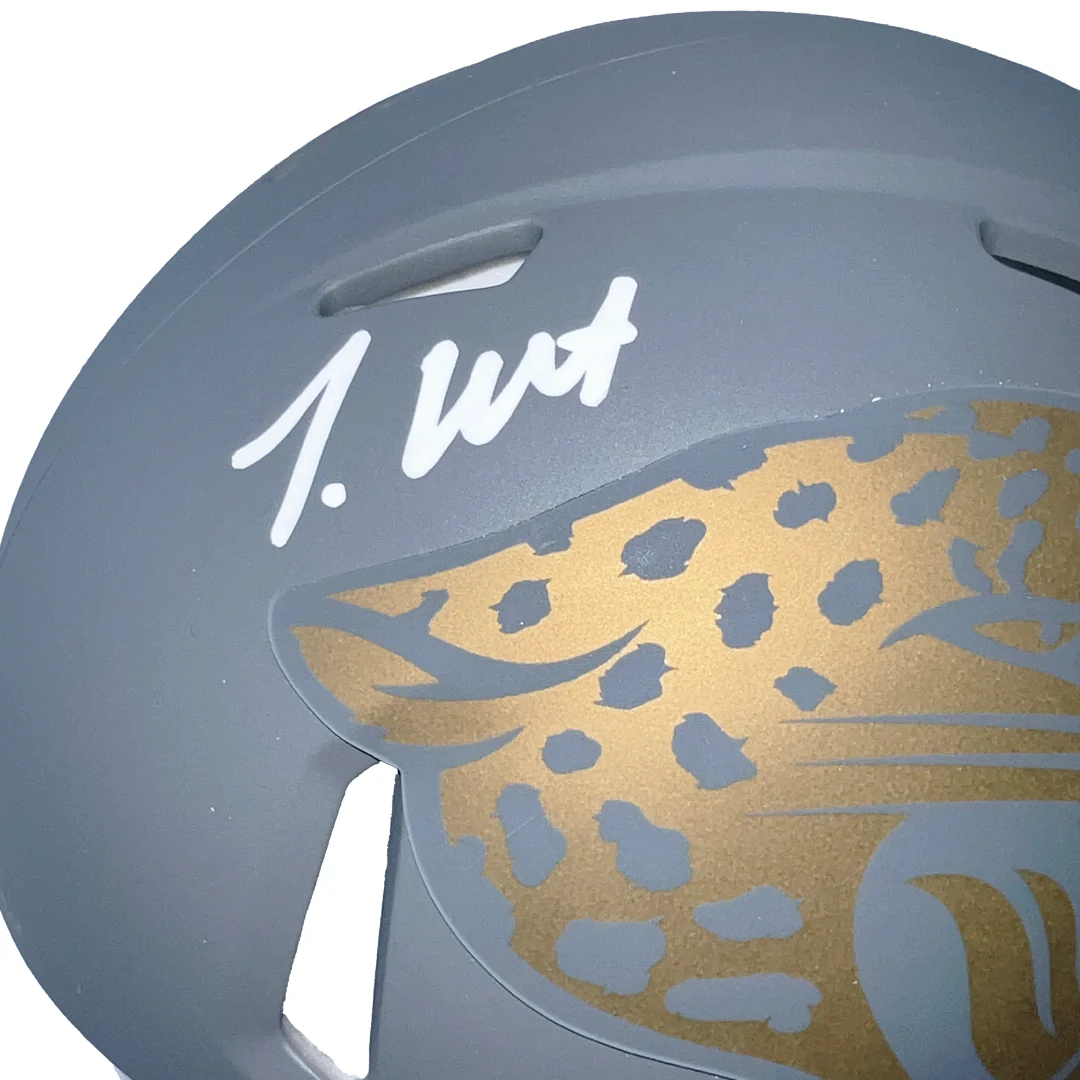 Travis Hunter Signed Jacksonville Jaguars Slate Alternate Speed Mini Football Helmet (Beckett) - Image 2