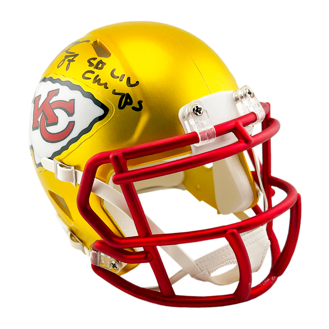 Travis Kelce Signed SB LIV Champs Inscription Kansas City Chiefs Blaze Mini Football Helmet (Beckett) - Image 3