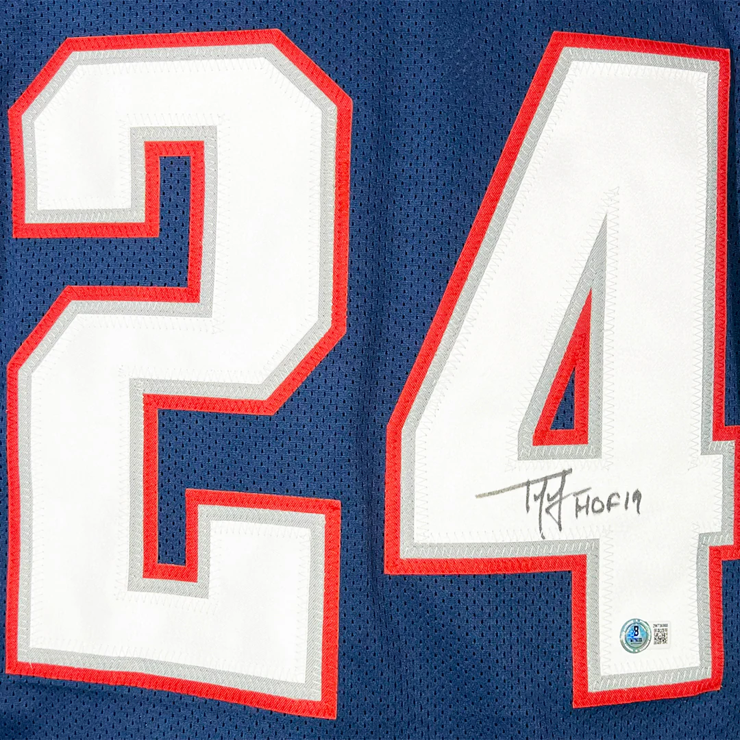 Ty Law Signed HOF 19 Inscription New England Navy Football Jersey (Beckett) - Image 2