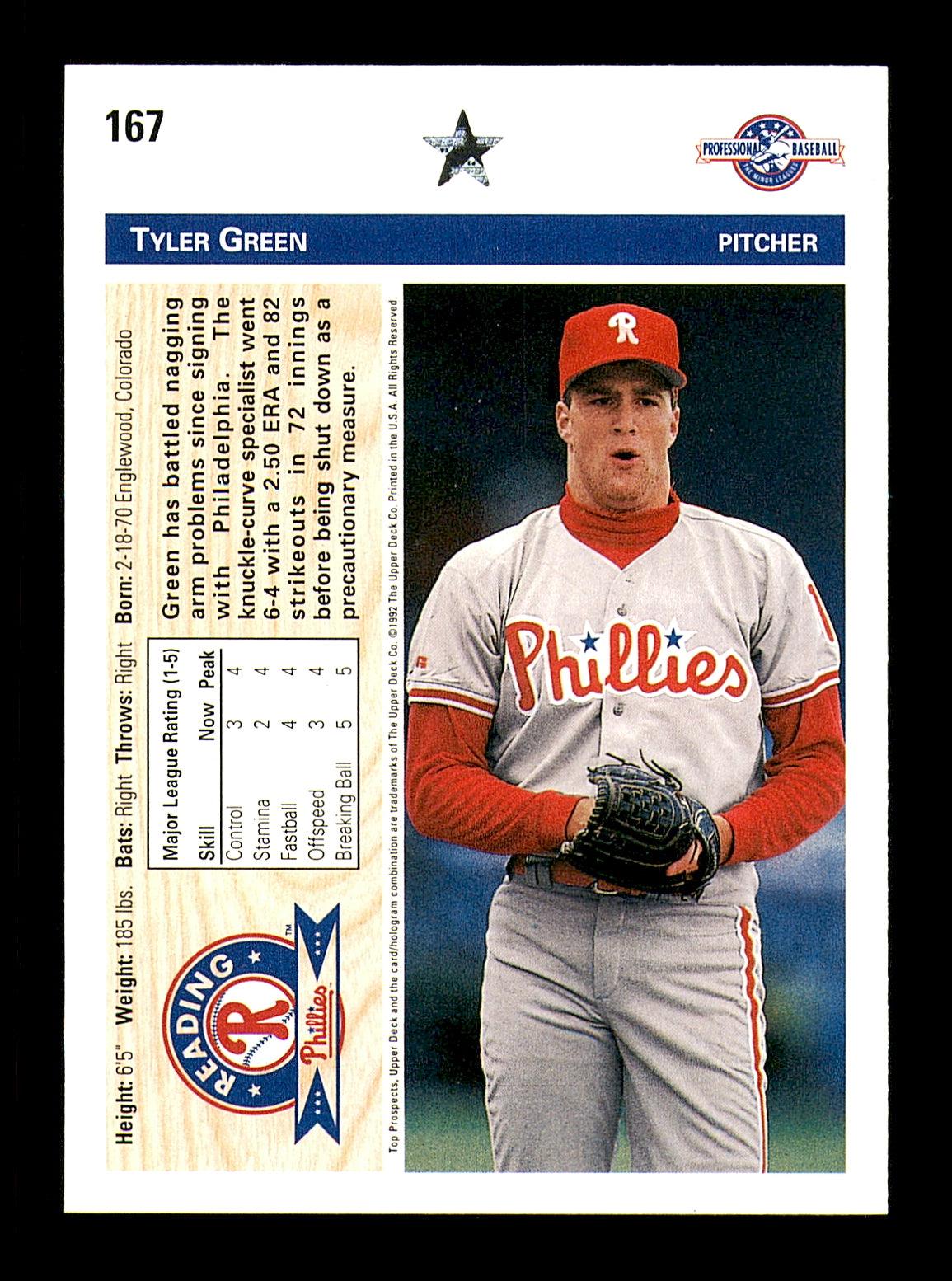 Tyler Green Autographed 1992 Upper Deck Minor League Rookie Card #68 Philadelphia Phillies SKU #184222 - Image 2