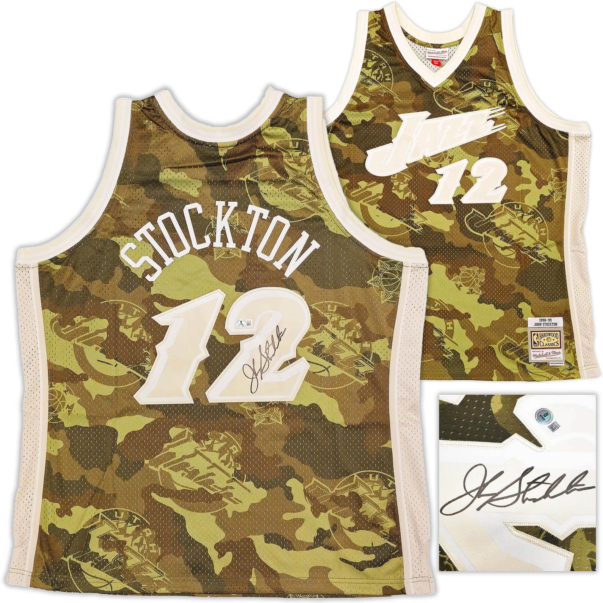 Utah Jazz John Stockton Autographed Green Authentic Mitchell & Ness 1998-99 Hardwood Classic Swingman Ghost Camo Jersey Size XXL Beckett BAS Witness