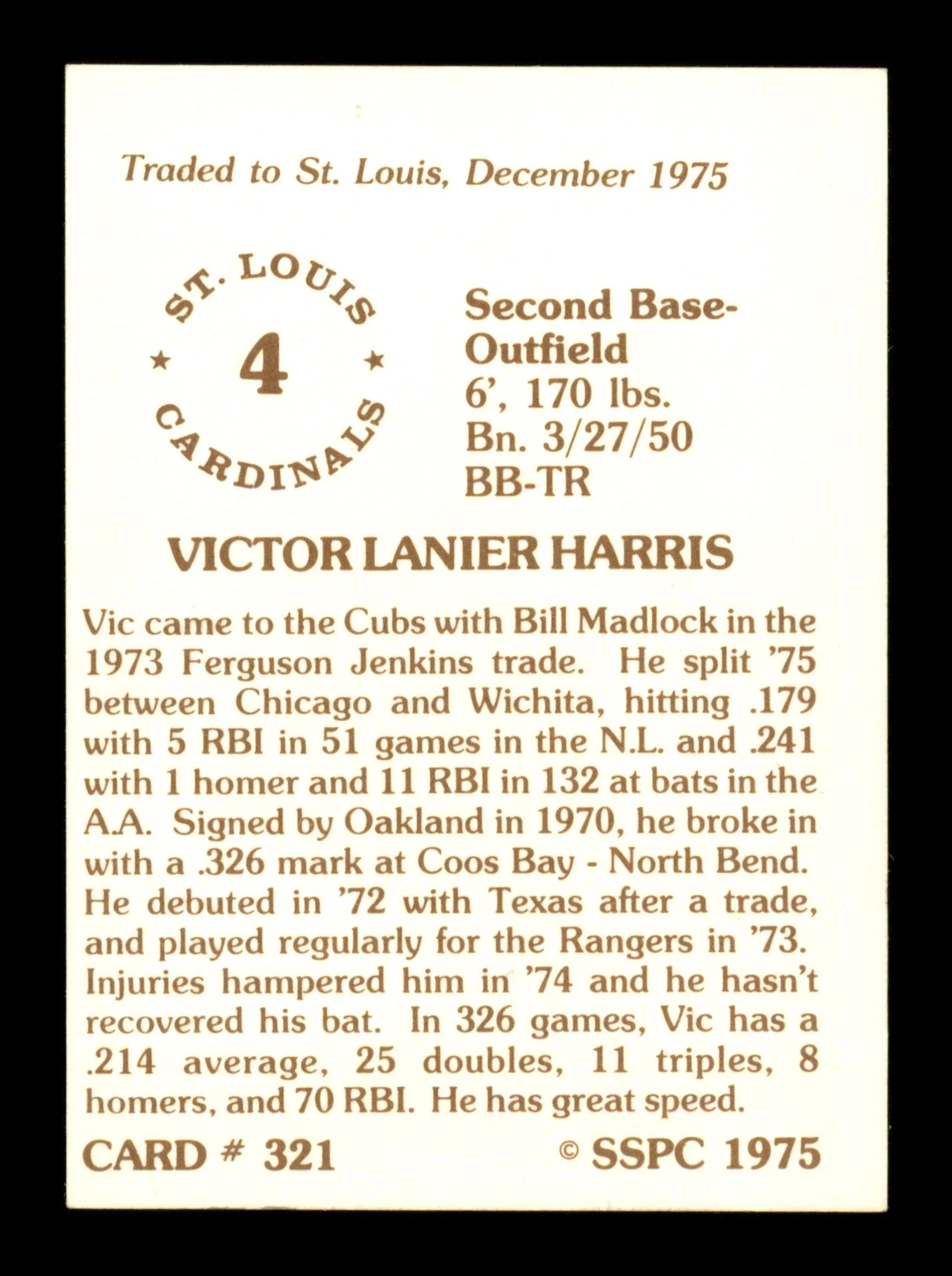 Vic Harris Autographed 1975 SSPC Card #321 Chicago Cubs SKU #204661 - Image 2
