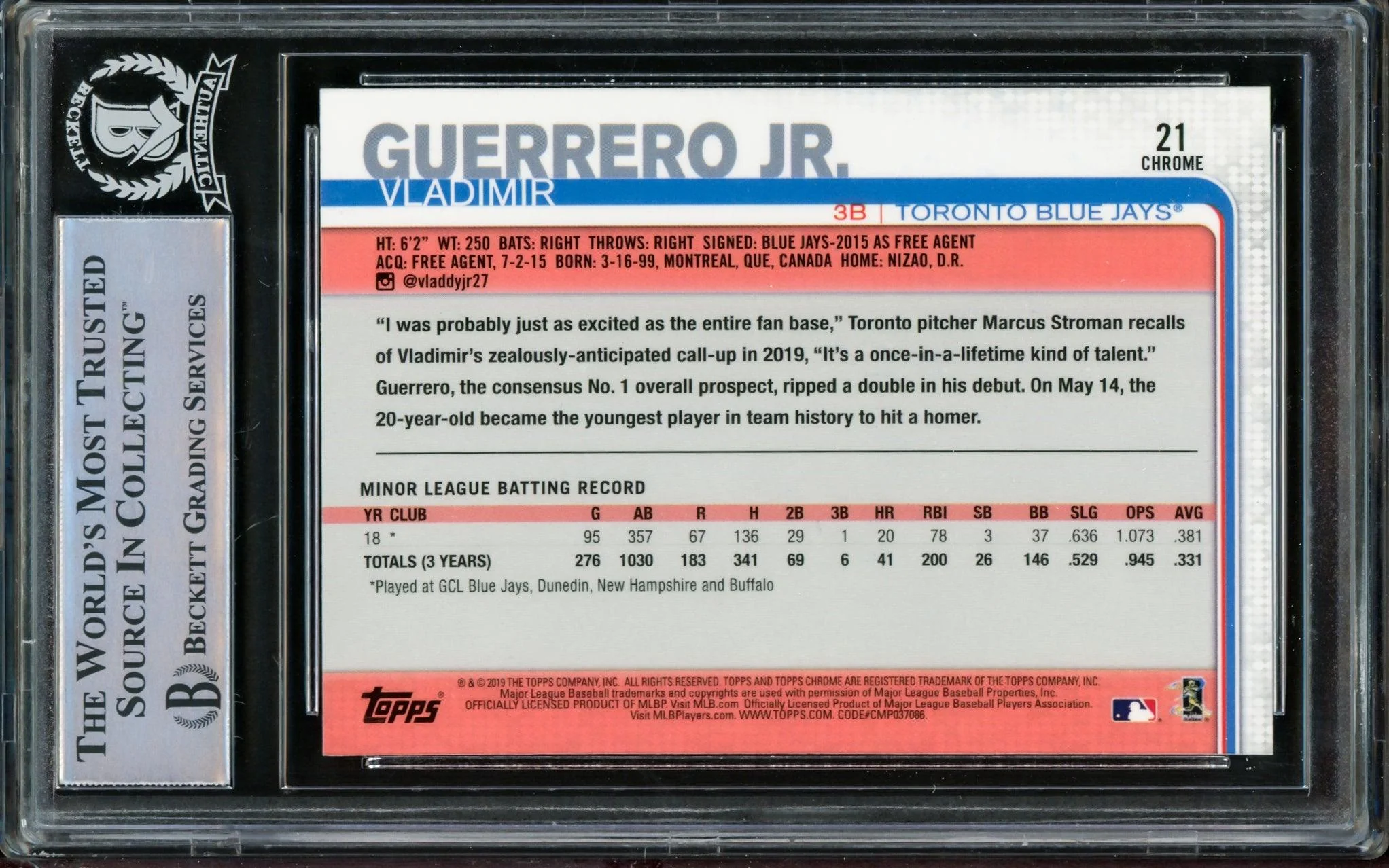 Vladimir Guerrero Jr. Autographed 2019 Topps Chrome Update Rookie Card #21 Toronto Blue Jays Beckett BAS #14863523 - Image 2
