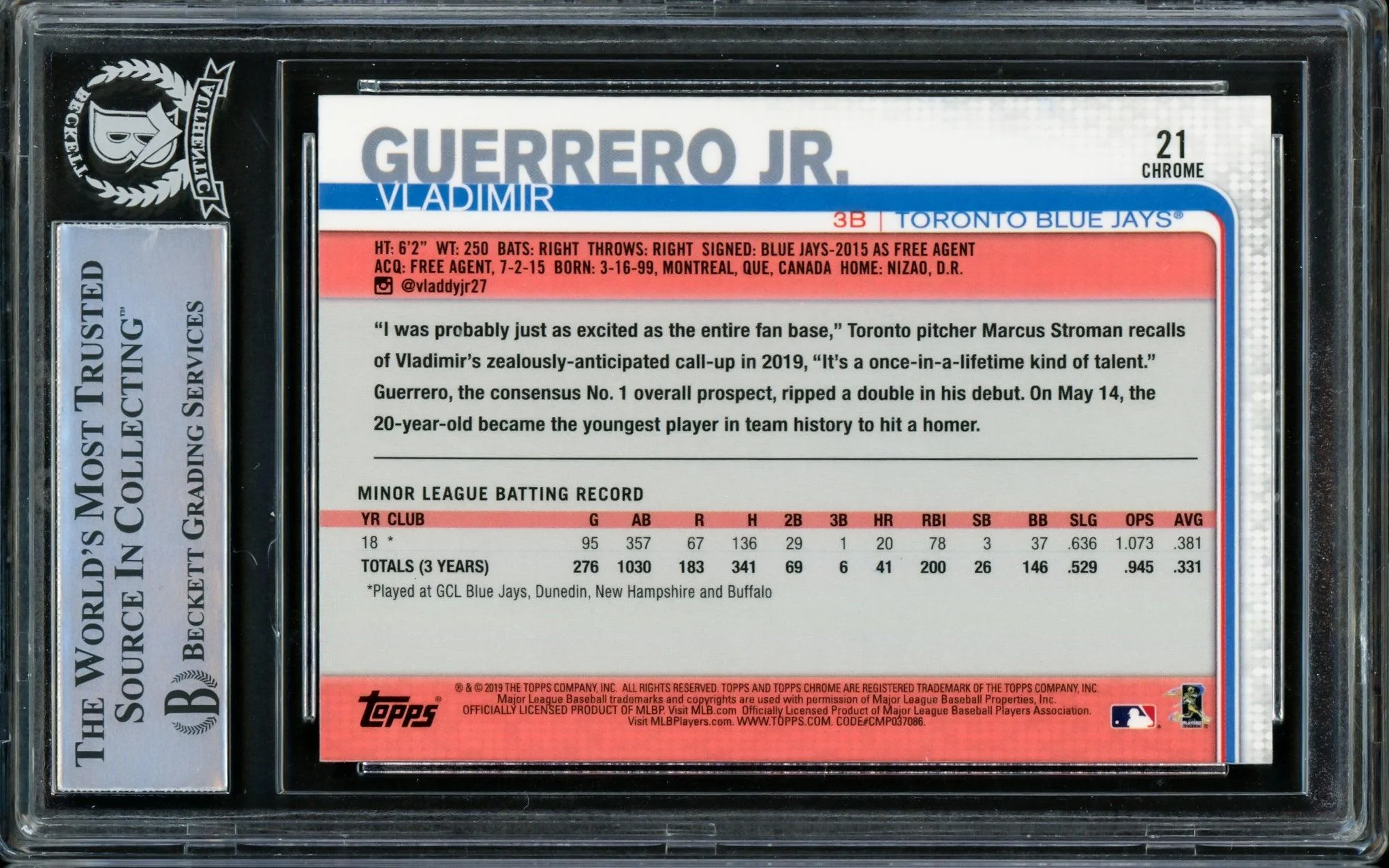 Vladimir Guerrero Jr. Autographed 2019 Topps Chrome Update Rookie Card #21 Toronto Blue Jays Beckett BAS #14863527 - Image 2