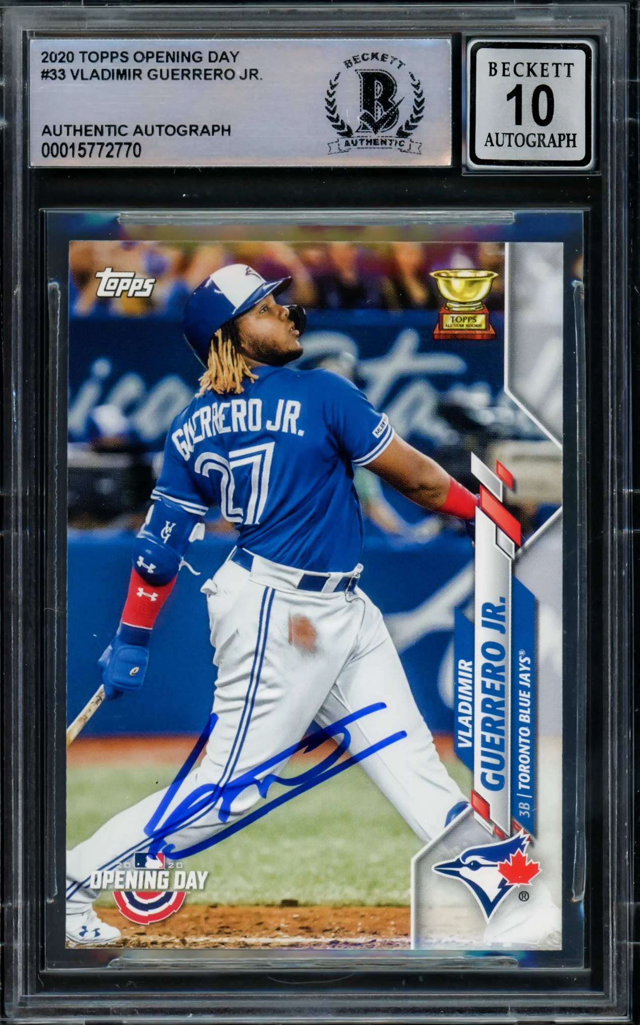Vladimir Guerrero Jr. Autographed 2020 Topps Opening Day Card #33 Toronto Blue Jays Auto Grade Gem Mint 10 Beckett BAS #15772770