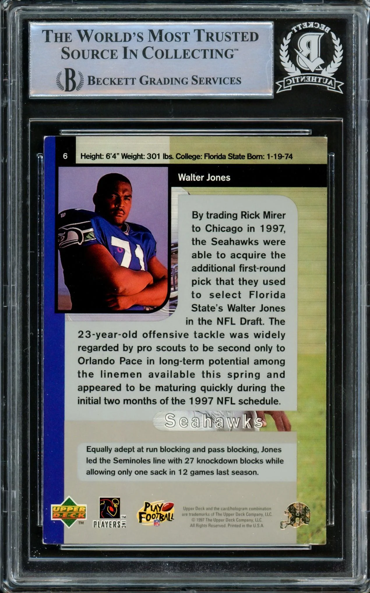 Walter Jones Autographed 1997 Upper Deck SP Rookie Card #6 Seattle Seahawks Beckett BAS #14612534 - Image 2