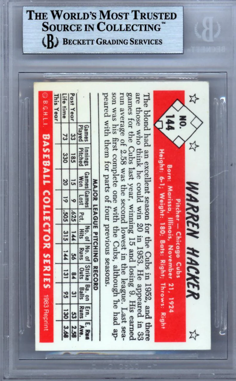 Warren Hacker Autographed 1953 Bowman Reprint Card #144 Chicago Cubs Beckett BAS #9888223 - Image 2
