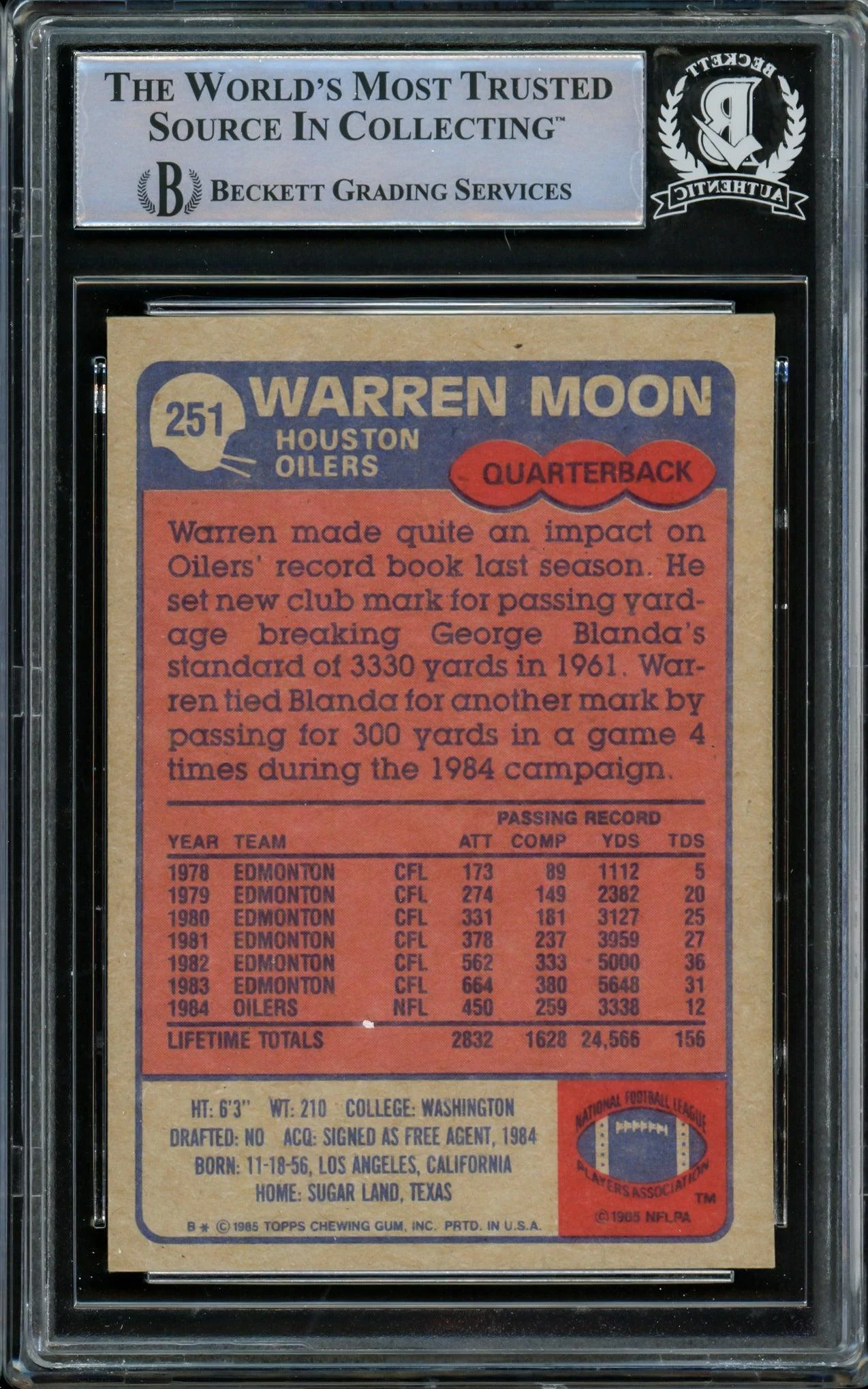 Warren Moon Autographed 1985 Topps Rookie Card #251 Houston Oilers "HOF 06" Beckett BAS #14612309 - Image 2