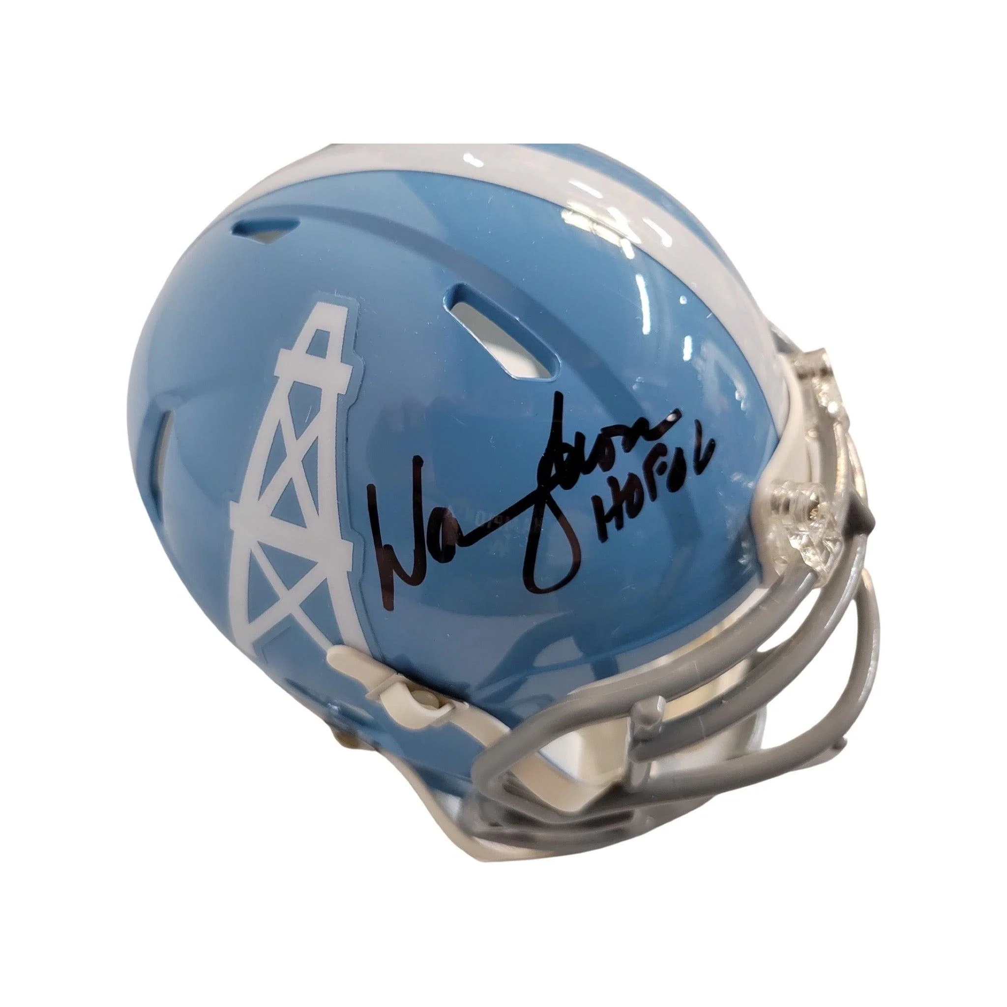 Warren Moon Signed HOF 06 Inscription Houston Oilers 1960-65 Throwback Speed Mini Replica Football Helmet (JSA) - Image 3