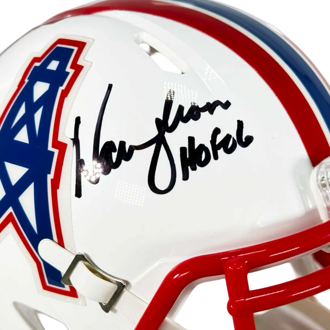 Warren Moon Signed HOF 06 Inscription Houston Oilers 1981-98 Throwback Speed Mini Football Helmet (JSA) - Image 2