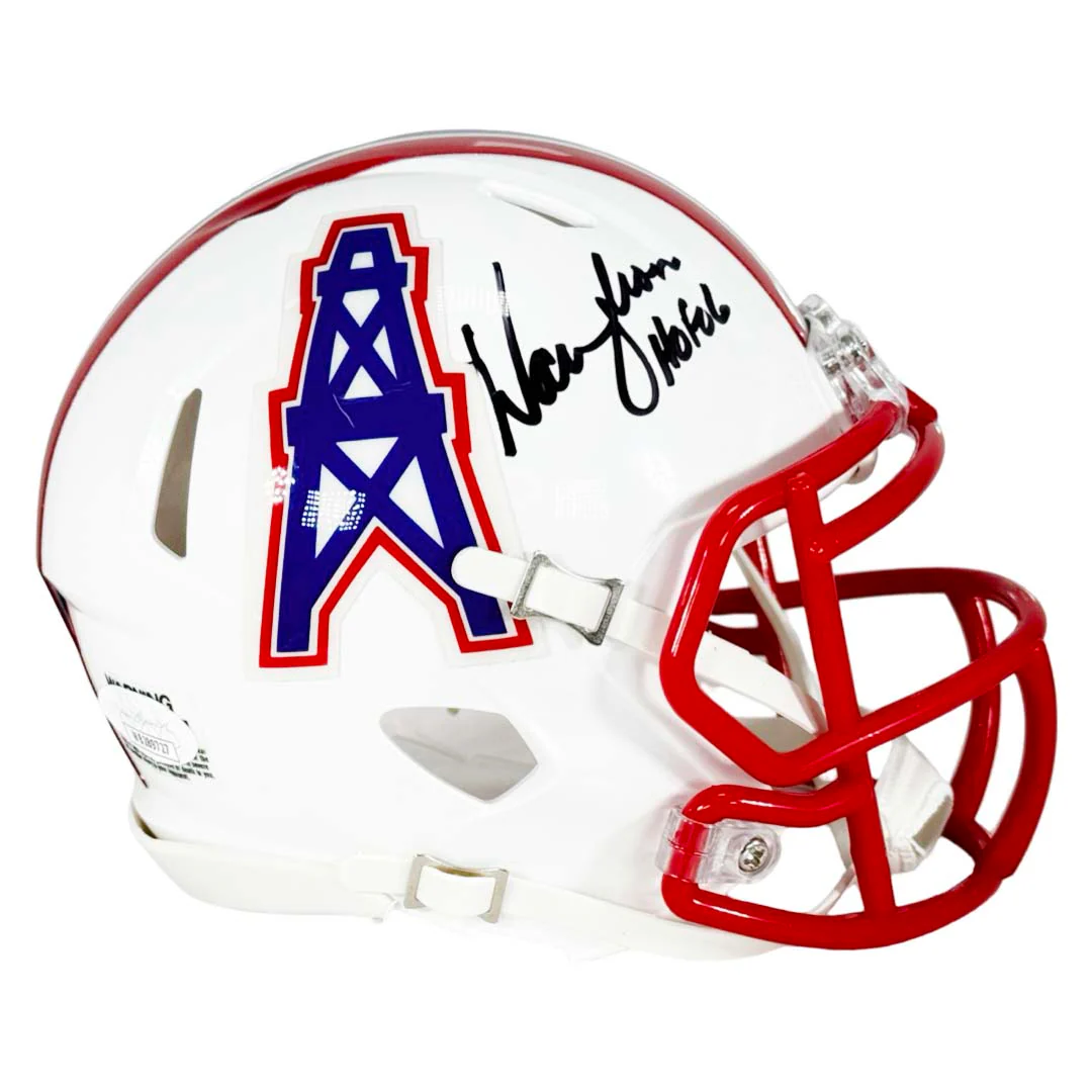 Warren Moon Signed HOF 06 Inscription Houston Oilers 1981-98 Throwback Speed Mini Football Helmet (JSA) - Image 3