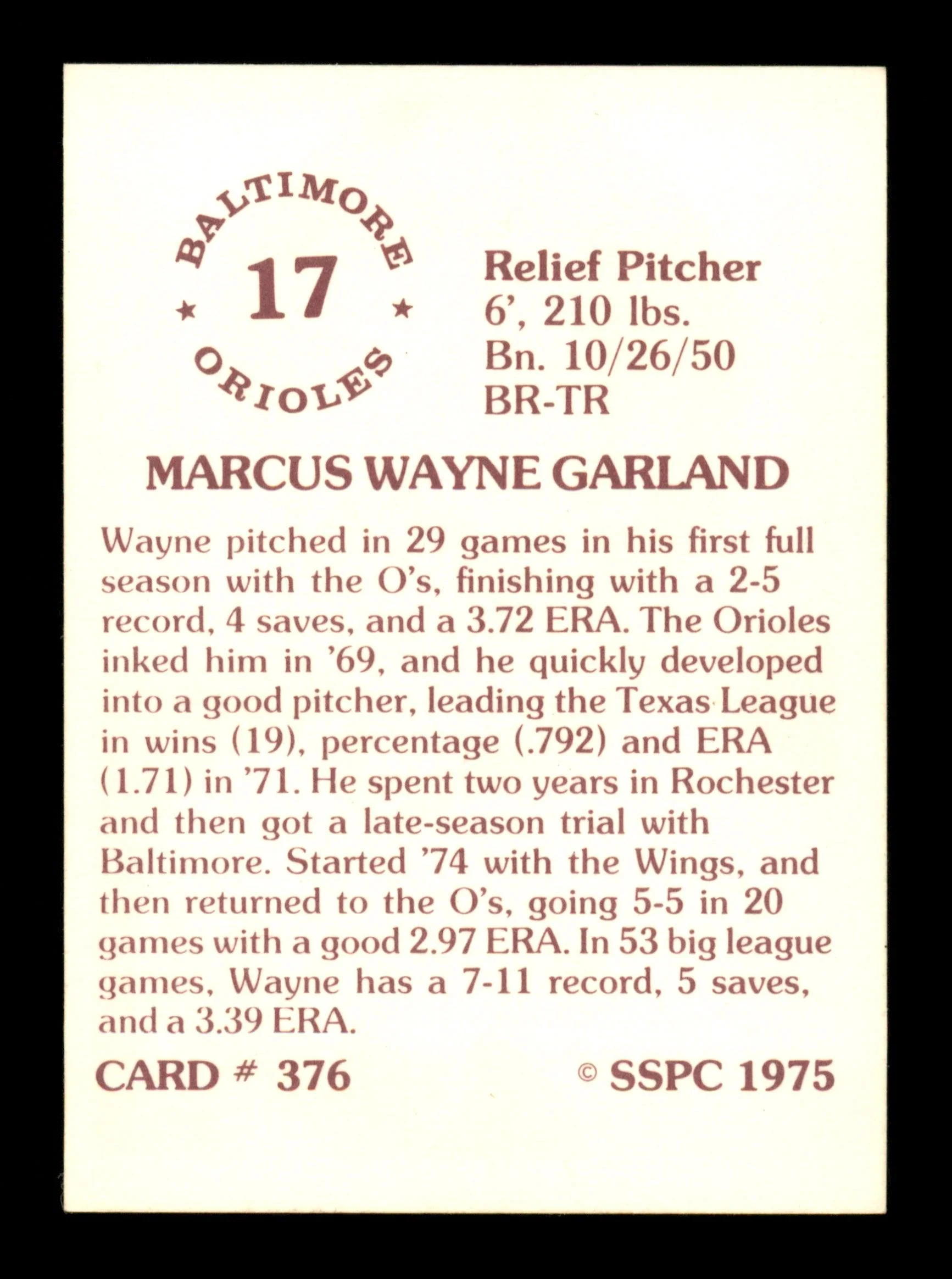 Wayne Garland Autographed 1975 SSPC Card #376 Baltimore Orioles SKU #204638 - Image 2