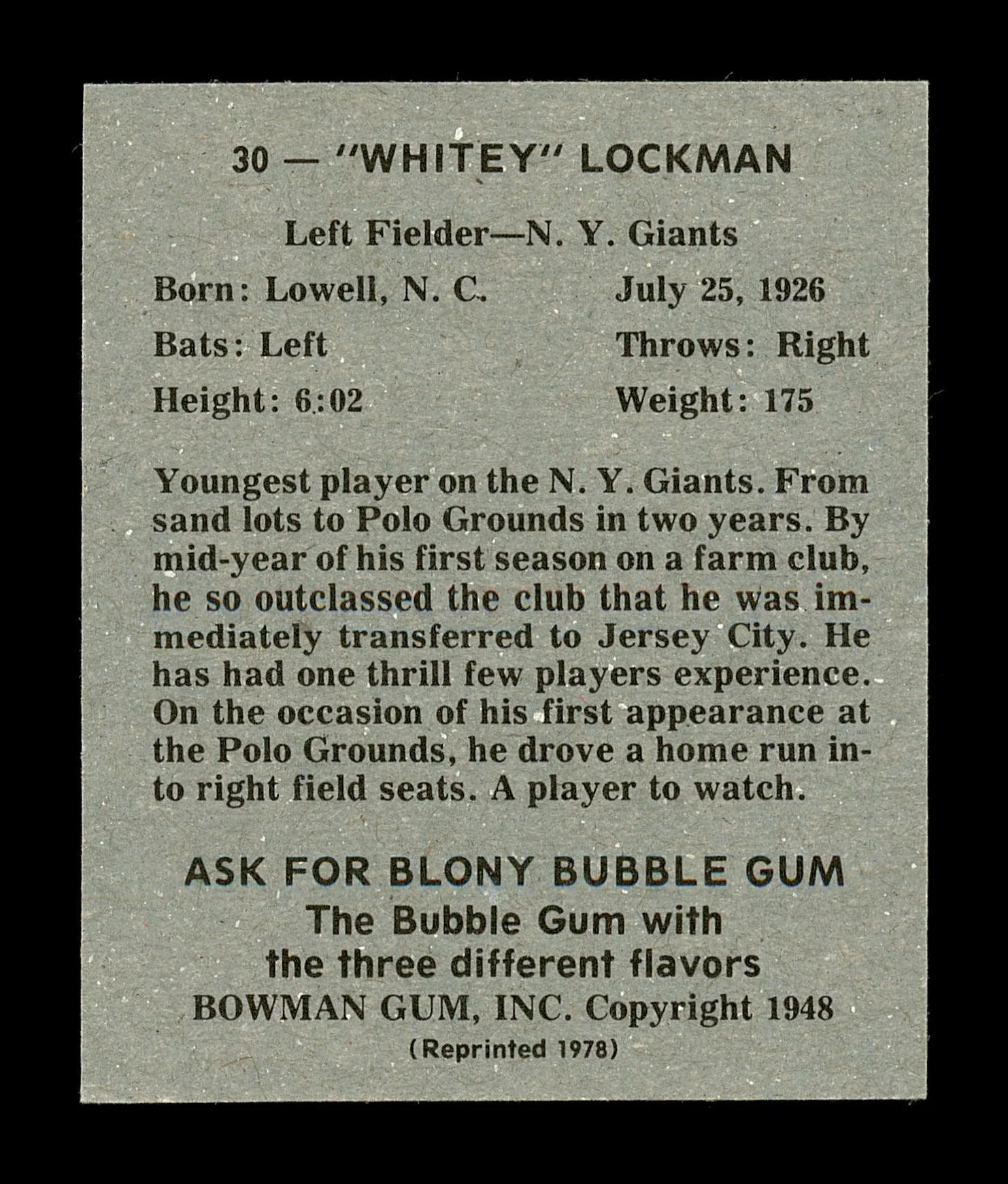 Whitey Lockman Autographed 1978 Bowman 1948 Bowman Reprint Rookie Card #30 New York Giants SKU #171724 - Image 2