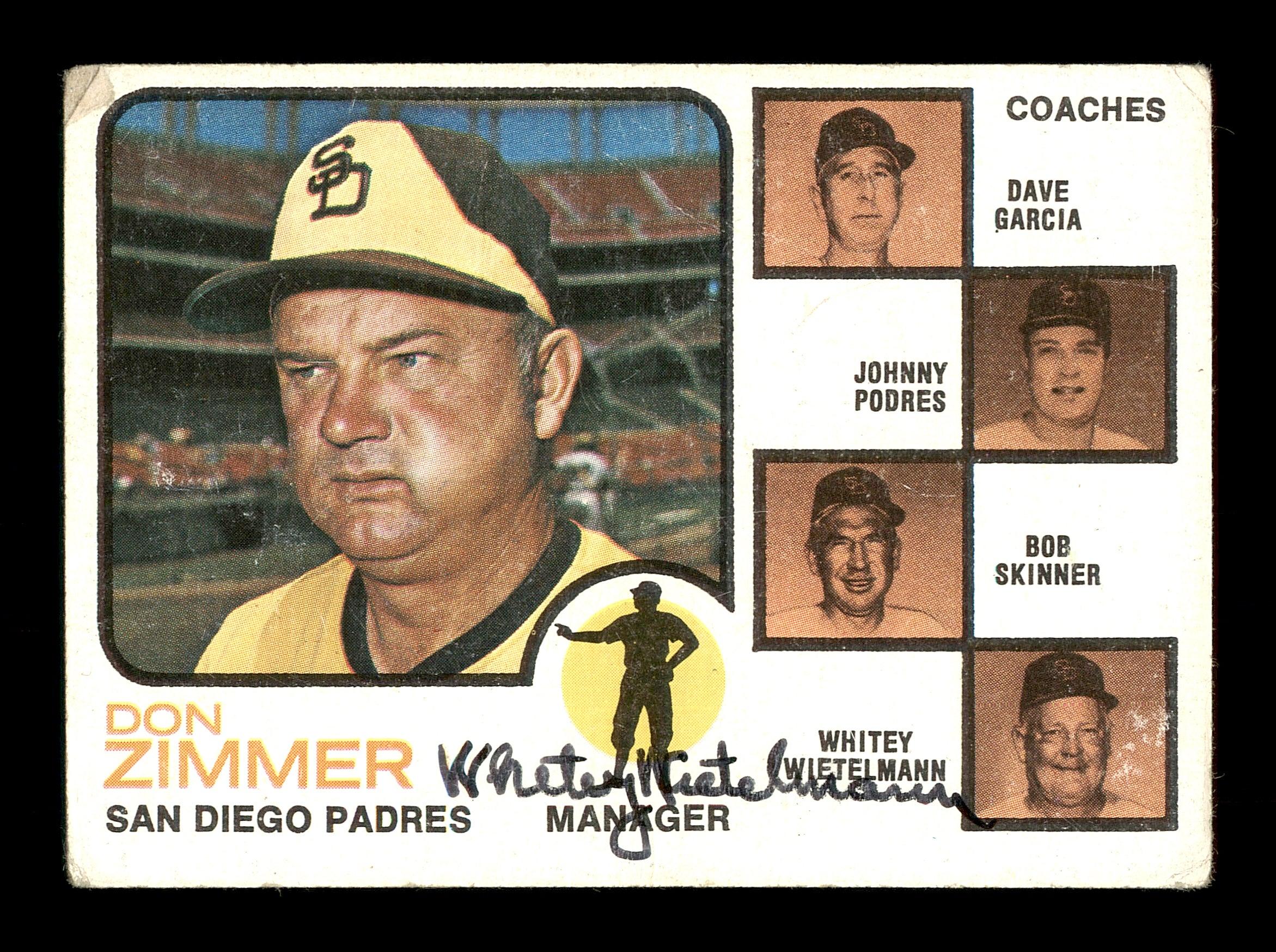 Whitey Wietelmann Autographed 1973 Topps Card #12 San Diego Padres Coach SKU #167197