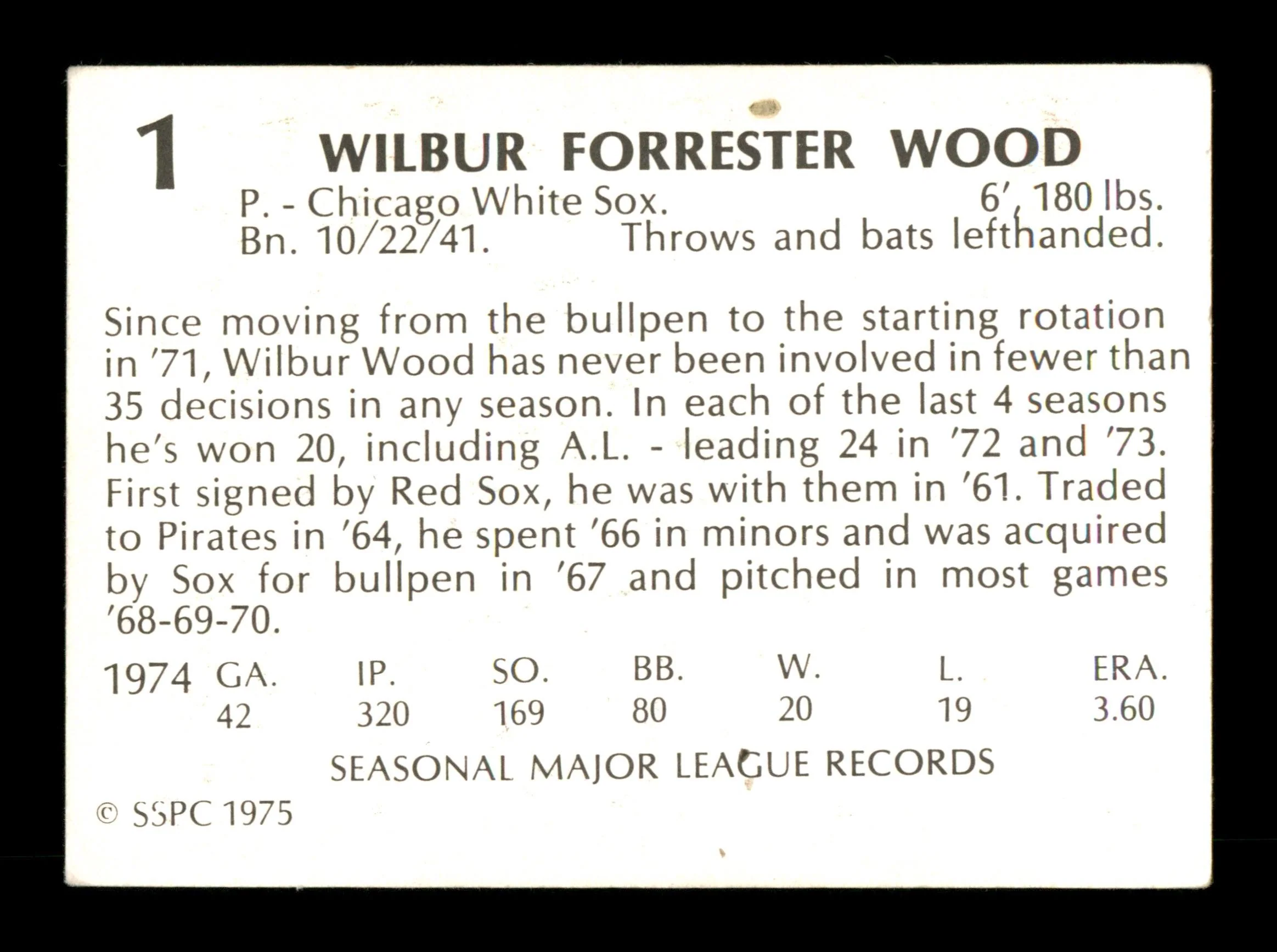 Wilbur Wood Autographed 1975 SSPC Card #1 Chicago White Sox SKU #204508 - Image 2