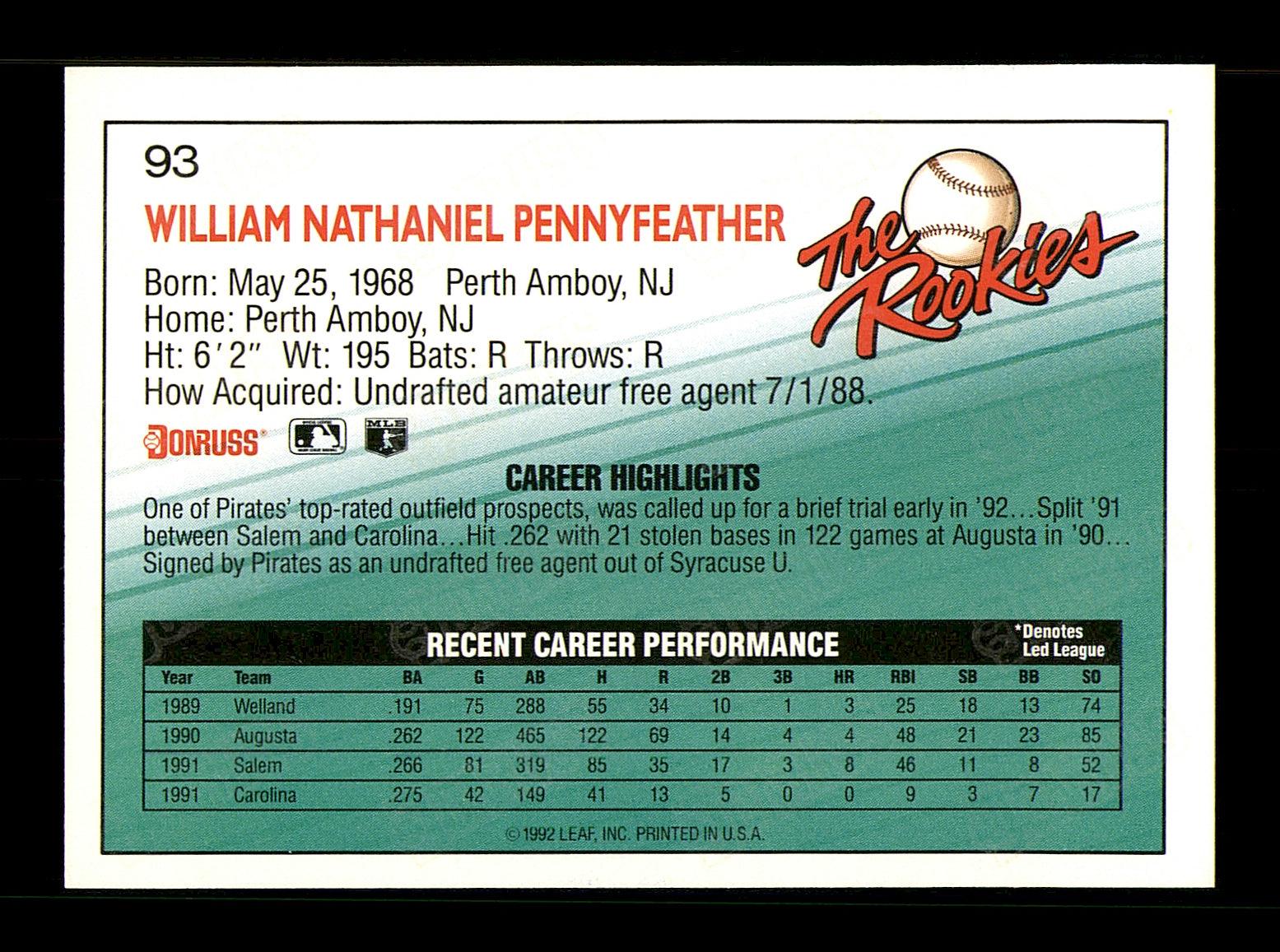 William Pennyfeather Autographed 1992 Donruss The Rookies Rookie Card #93 Pittsburgh Pirates SKU #184607 - Image 2