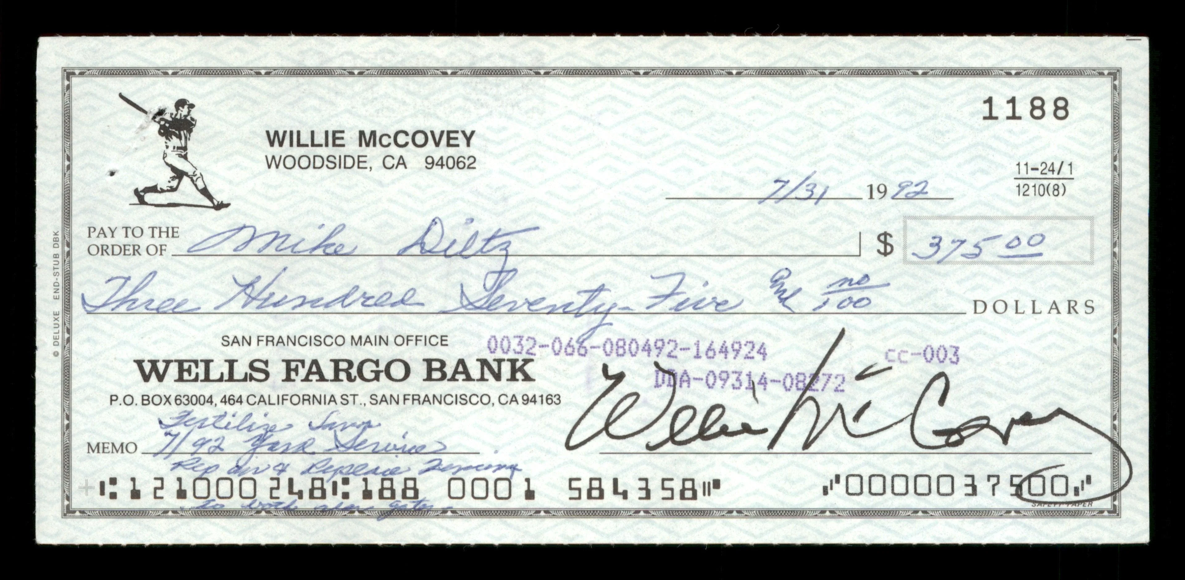 Willie McCovey Autographed 2.75x6 Check San Francisco Giants 1188 SKU #201486