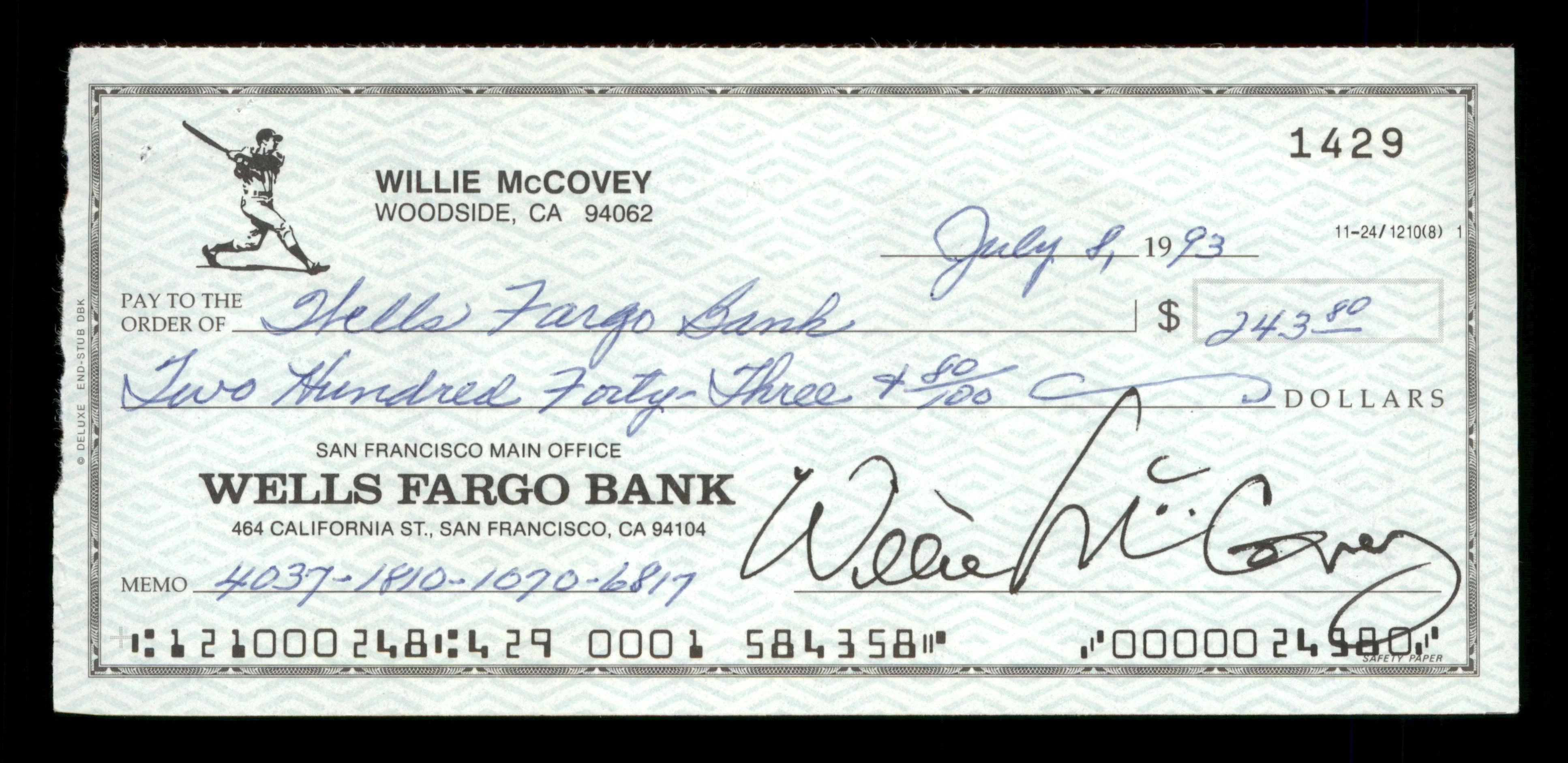 Willie McCovey Autographed 2.75x6 Check San Francisco Giants 1429 SKU #201494