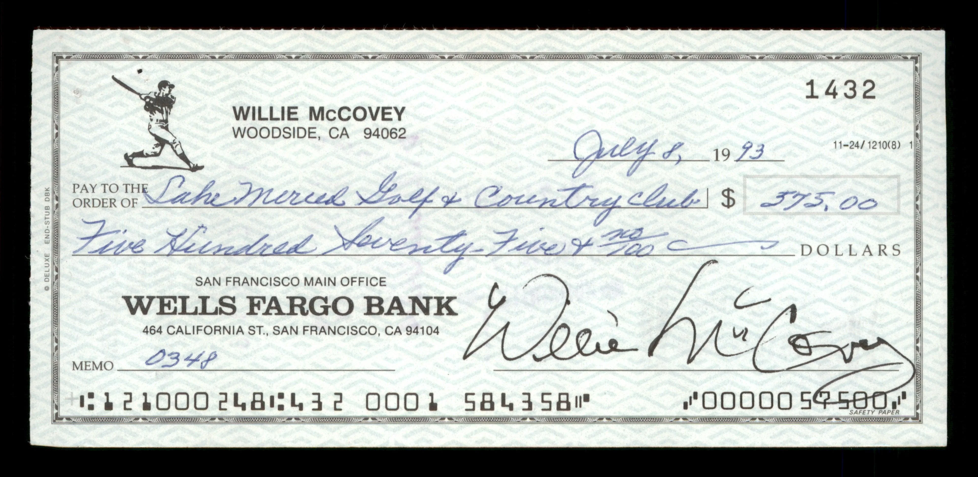 Willie McCovey Autographed 2.75x6 Check San Francisco Giants 1432 SKU #201491