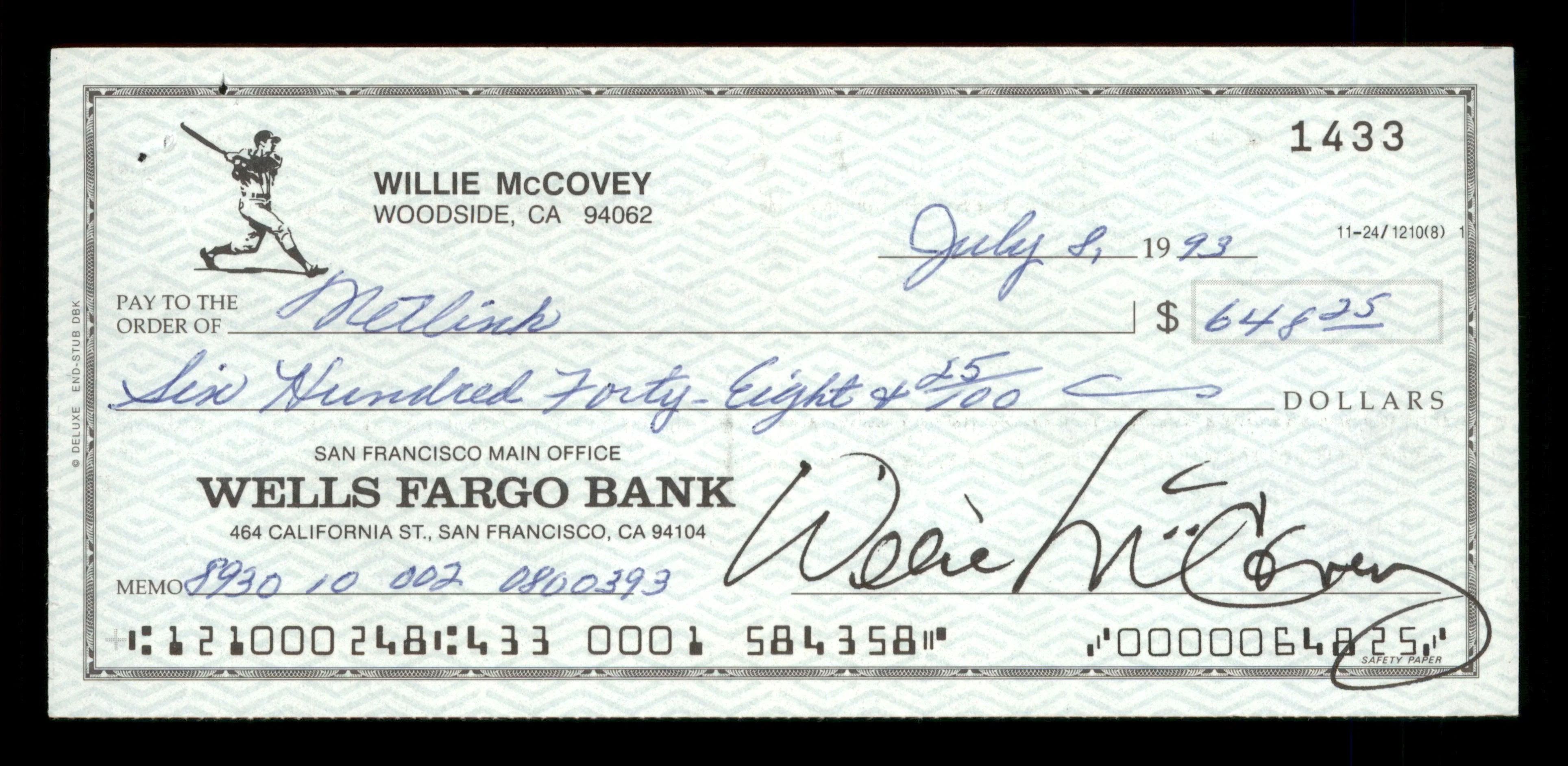 Willie McCovey Autographed 2.75x6 Check San Francisco Giants 1433 SKU #201490