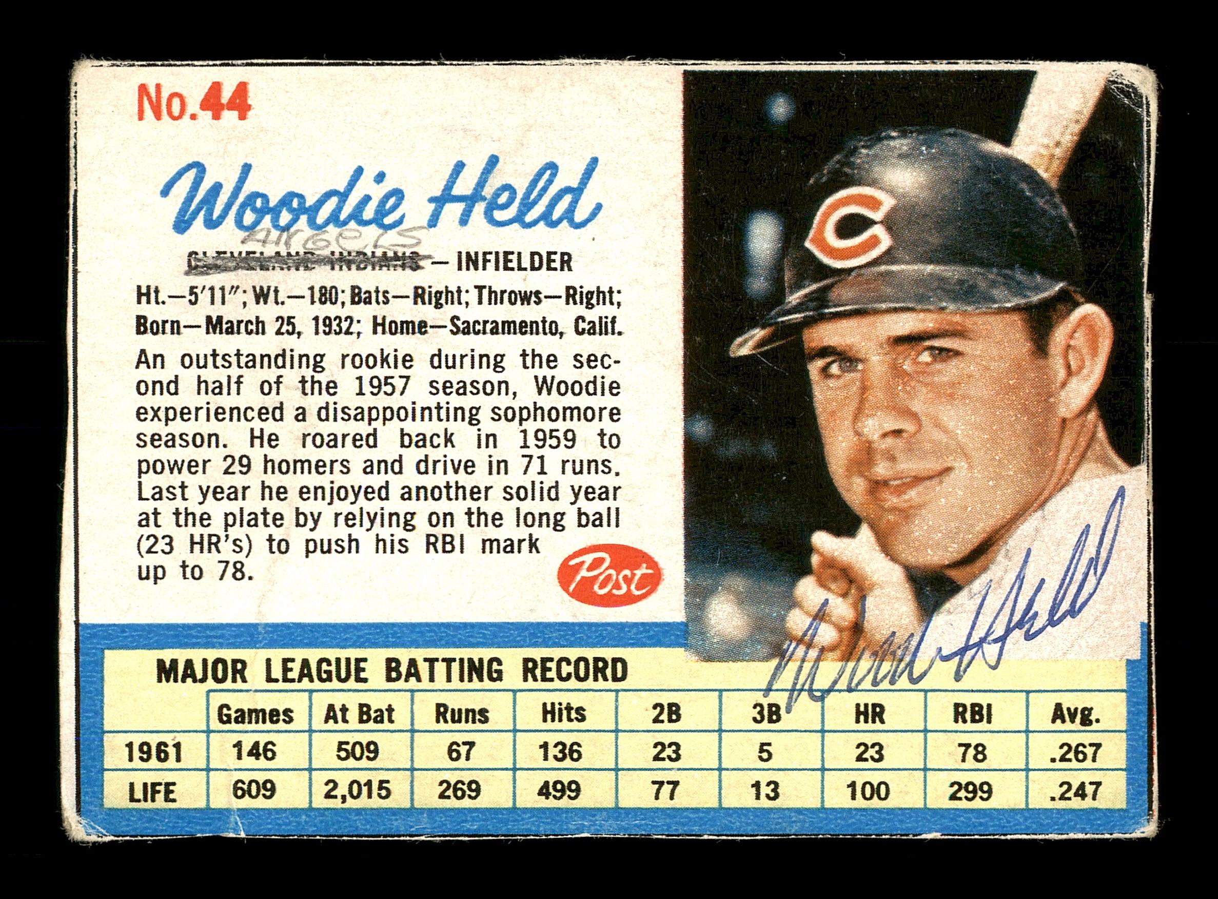 Woodie Held Autographed 1962 Post Cereal Card #44 Cleveland Indians SKU #171579