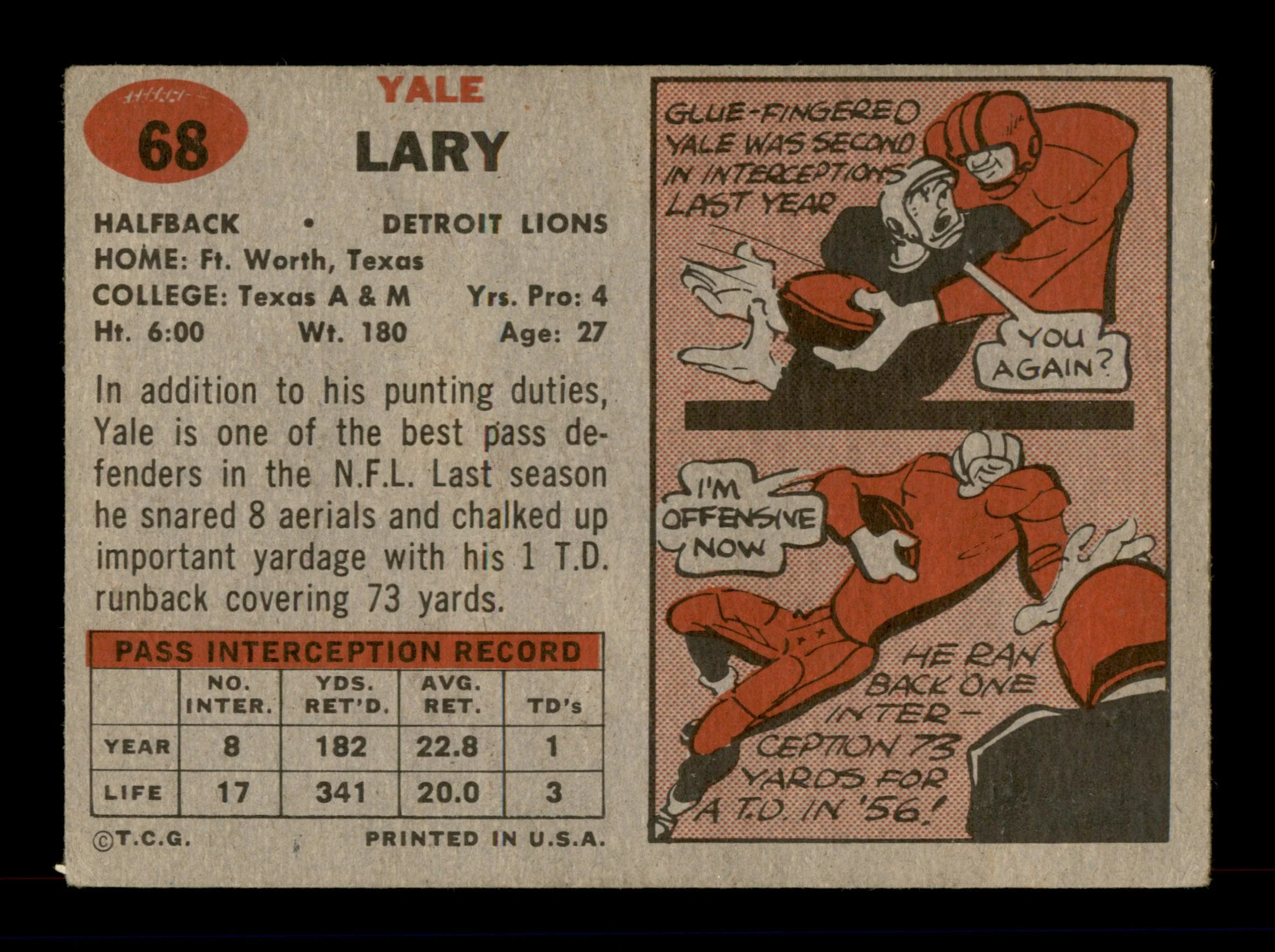Yale Lary Autographed 1957 Topps Card #68 Detroit Lions SKU #198058 - Image 2